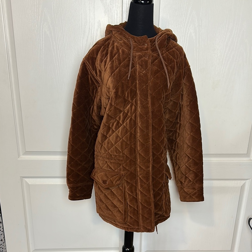 VINTAGE Brown CORDUROY Quilted Women's ZIP UP HOODED WARM Jacket